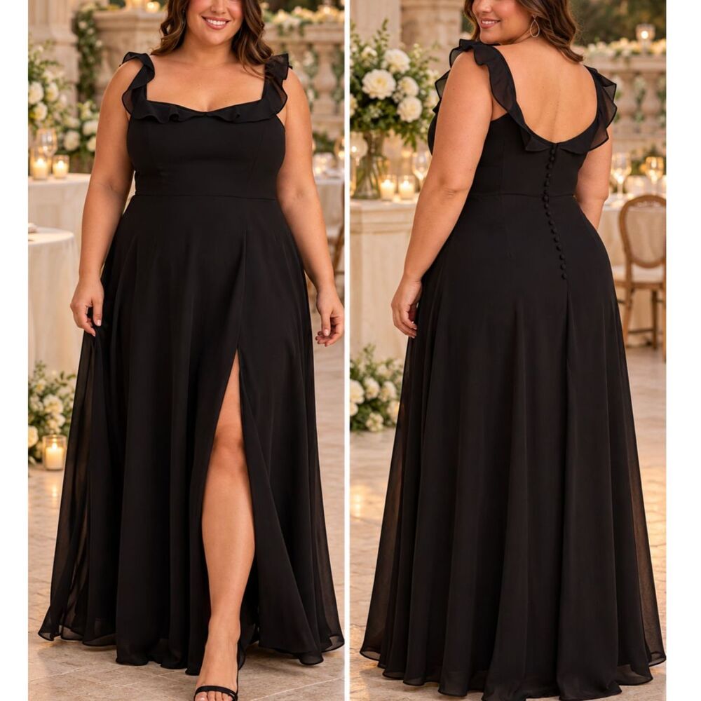 Lulus NWT Dreamy Admiration Black Ruffled Maxi Dress 2X Romantic Wedding Guest